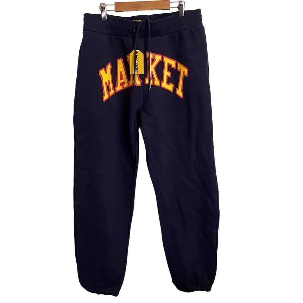 Market Navy Blue Collegiate Logo Sweatpants Yellow Red Graphic Joggers NEW